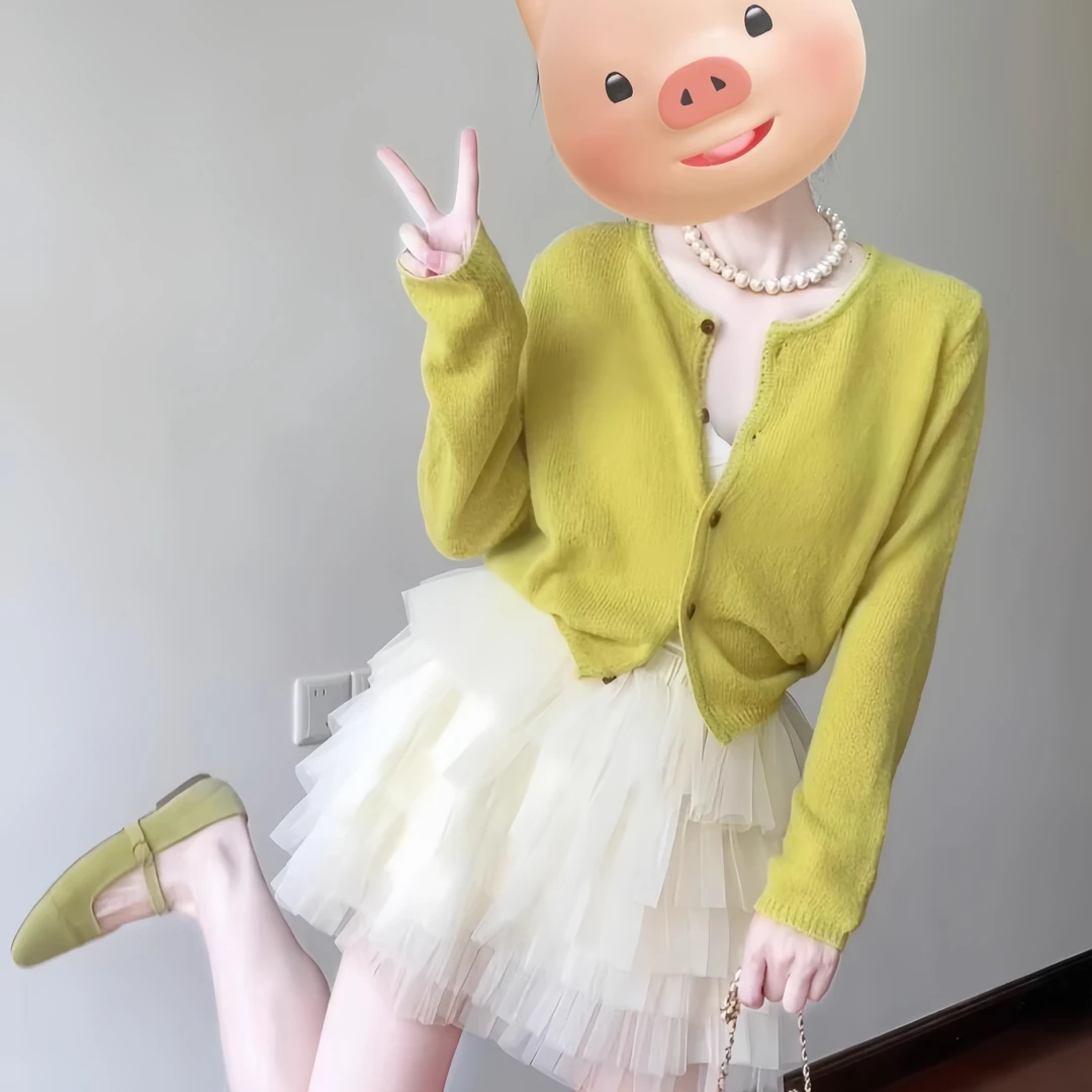 春装女款爆款2025新款芥末黄色薄款针织开衫超好看上衣缝缝半身裙