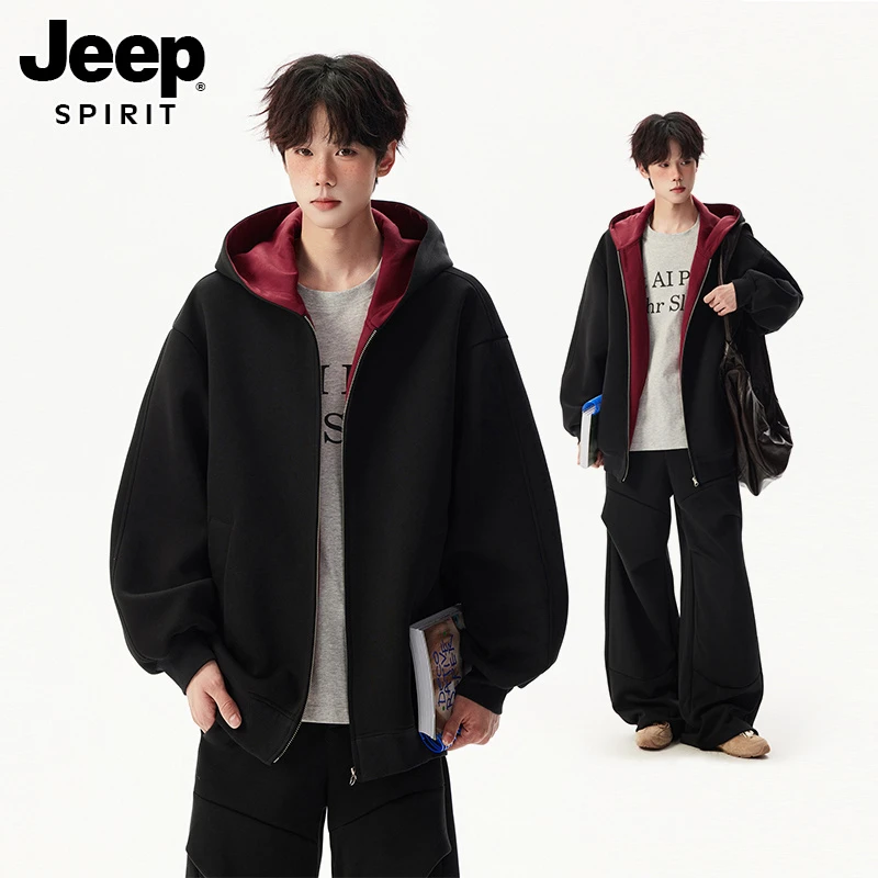 JEEPSPIRIT美式重磅休闲卫衣外套男女秋宽松百搭撞色情侣连帽开衫
