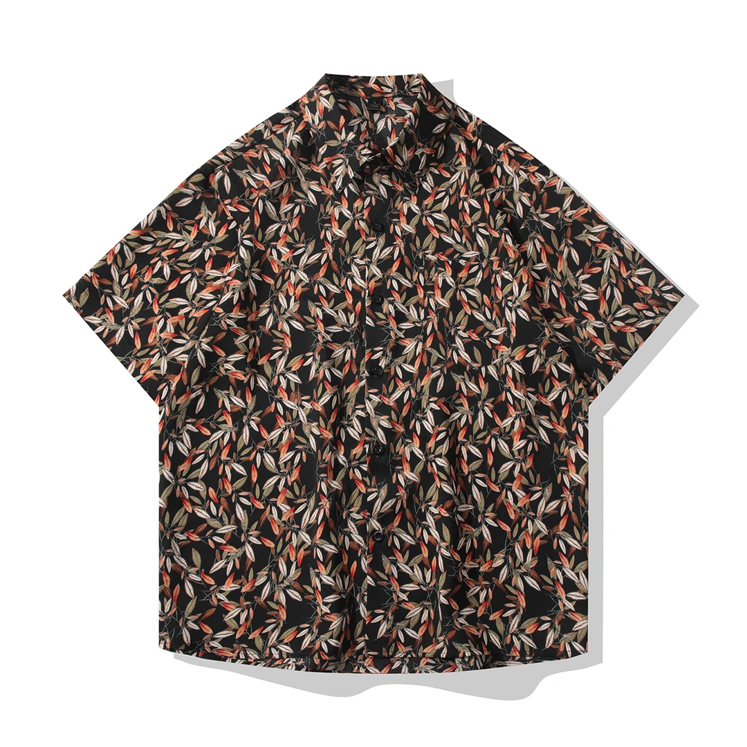 港风复古男士上衣大码宽松印花花衬衫短袖夏季老钱风潮流男装衬衣