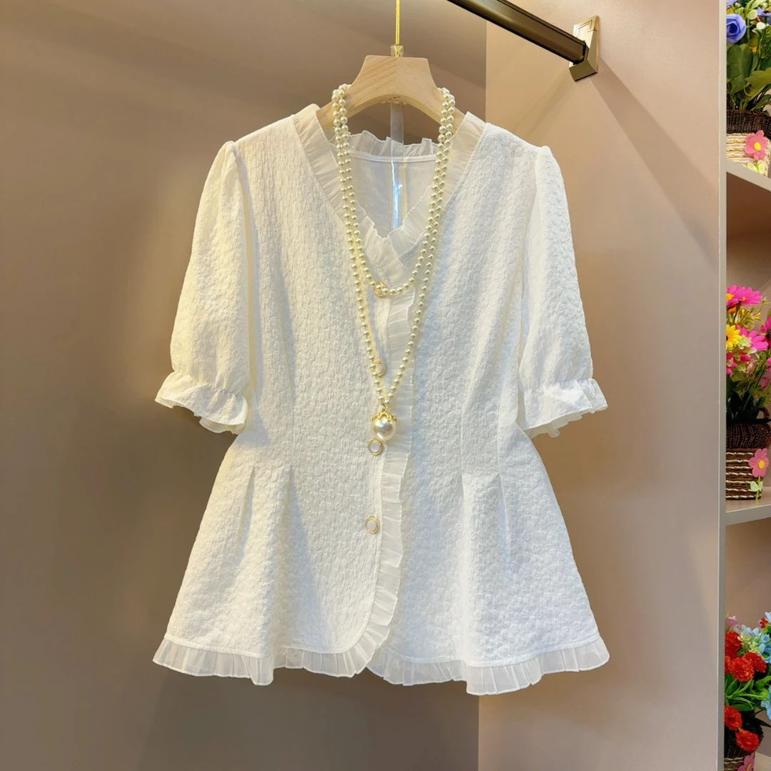 时尚简约纯色纱网拼接小众减龄T恤衣长62左右