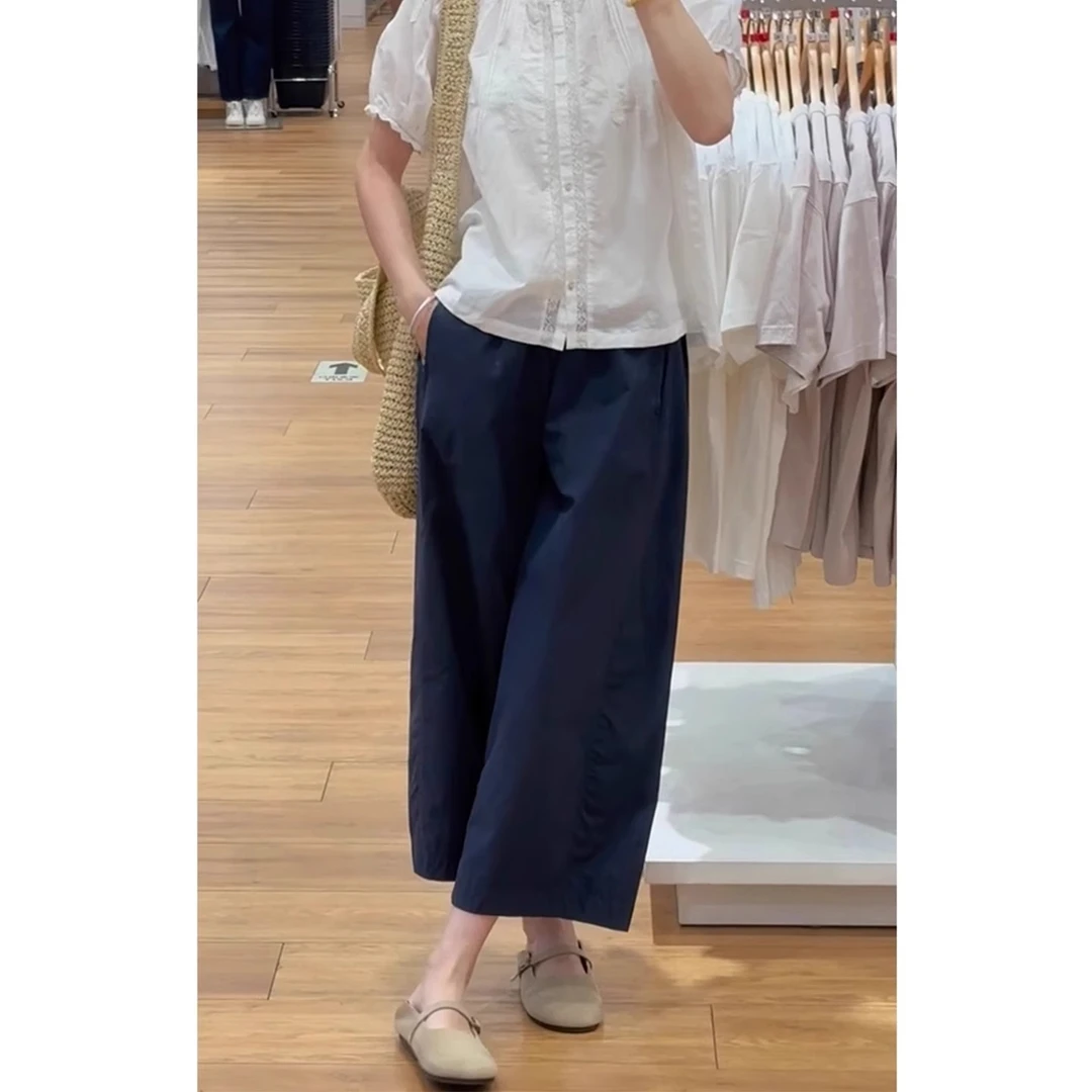 藏青色阔腿裤女夏季薄款大码胖mm松紧腰宽松休闲哈伦裤九分直筒裤