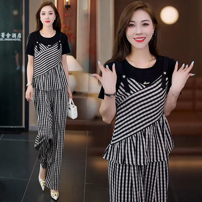 2025年夏季新款时尚条格纹套装女洋气显瘦拼接短袖上衣长裤两件套