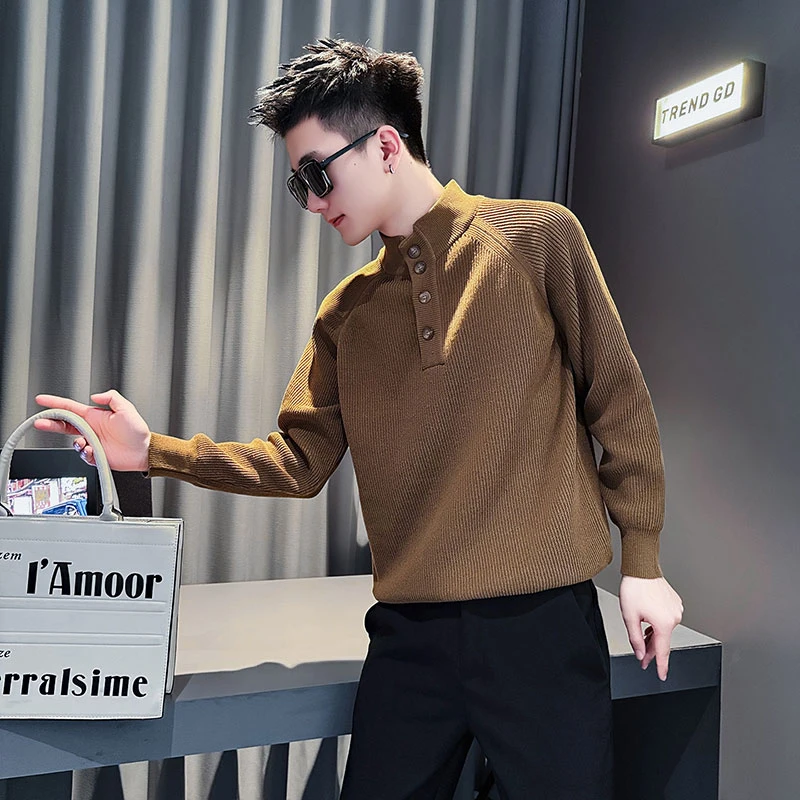 咖啡色纯色简约百搭休闲修身男士针织衫毛秋冬新款爆款潮流打底衫
