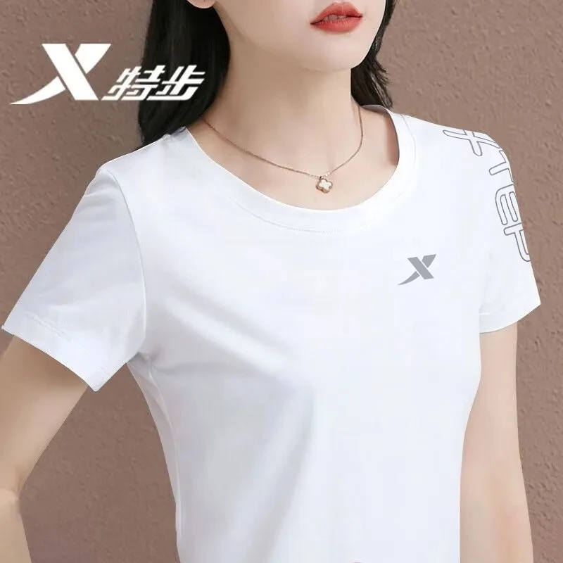 特步短袖t恤夏季冰丝速干圆领运动瑜伽服休闲透气半袖运动上衣女