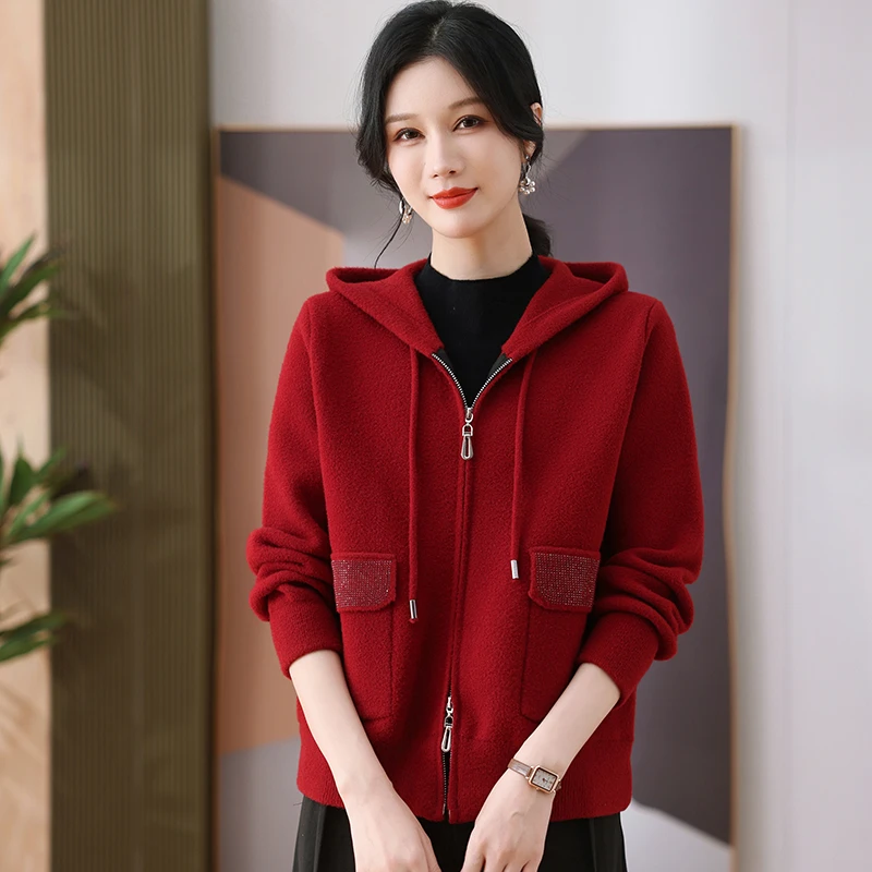 妈妈春装新款针织毛呢外套中年女士秋季外穿连帽开衫红色休闲上衣