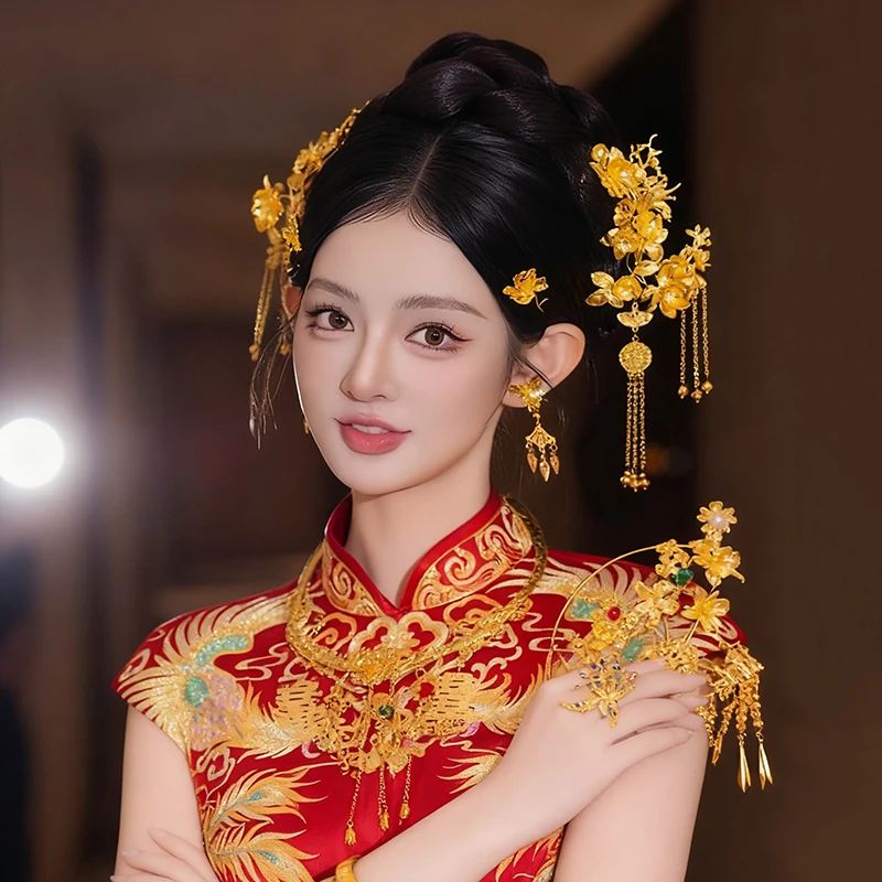 新娘结婚精致奢华饰品金色中式旗袍龙凤褂流苏步摇发钗发饰MT0148
