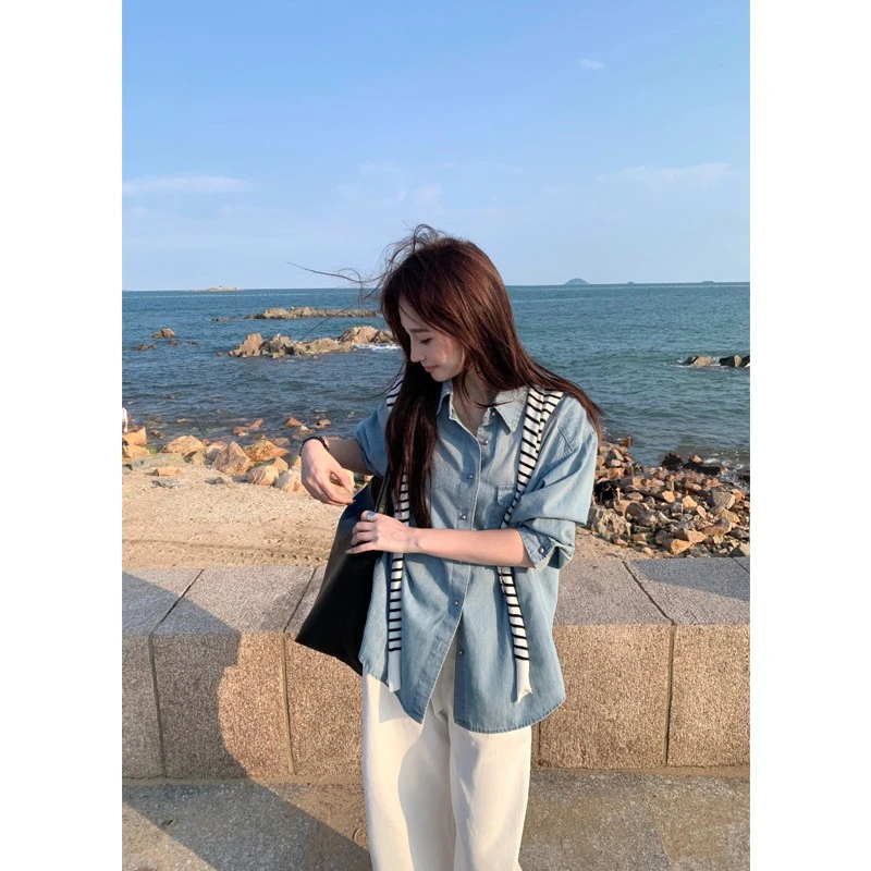 Peaceonesoul自制慵懒风水洗蓝牛仔衬衫女秋新bf韩版宽松休闲衬衣
