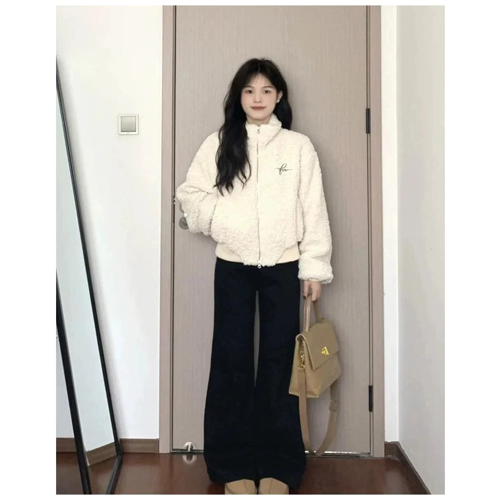 白色羊羔绒外套女小个子羊羔绒短款外套秋冬季摇粒绒休闲加绒加厚