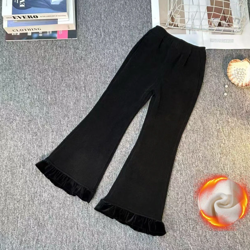 童装女童加绒加厚喇叭裤阔腿秋冬儿童黑色洋气加绒百搭裤子时尚