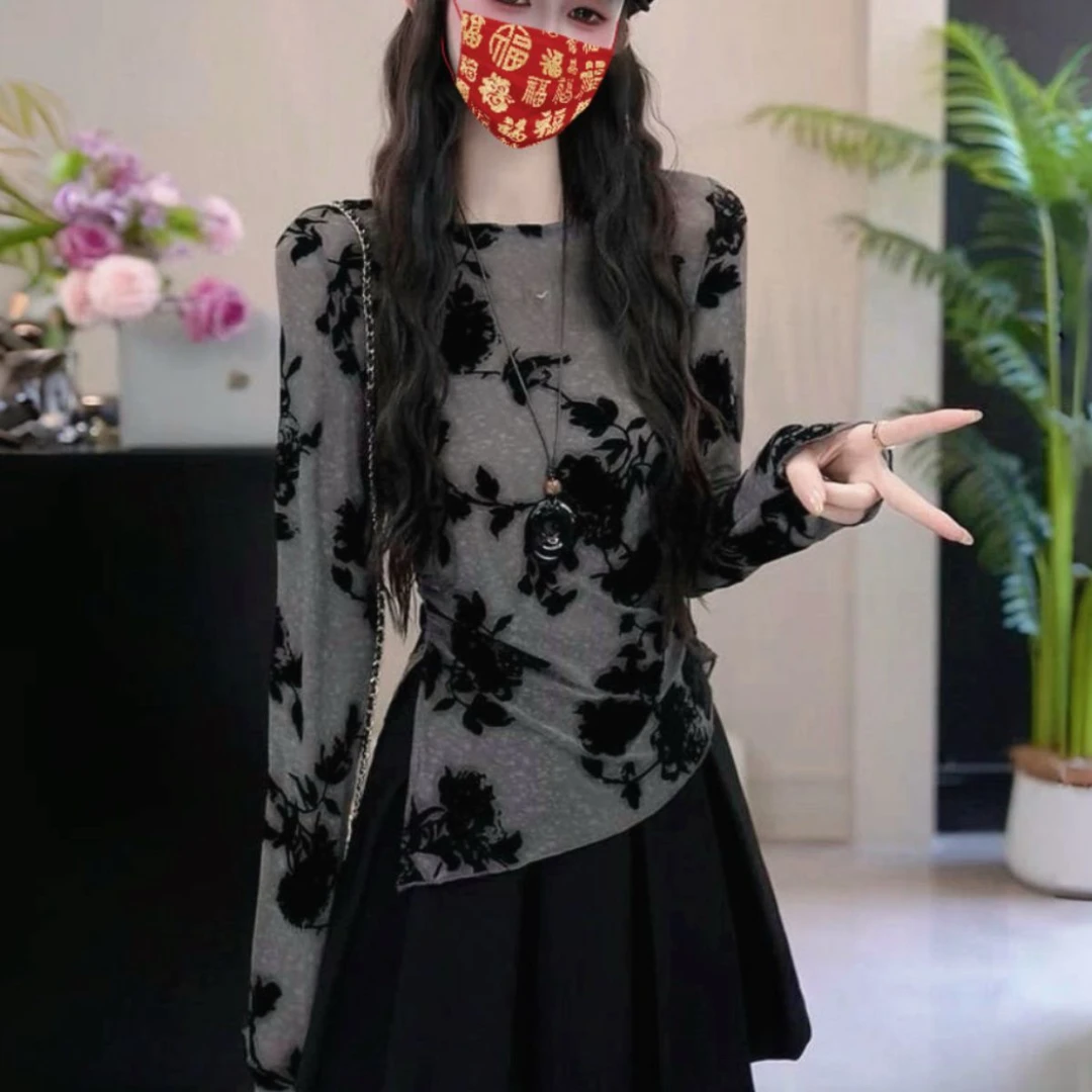 新店只亏100单【40d涤氨数码单层】中古风别致印花长袖网纱上衣秋