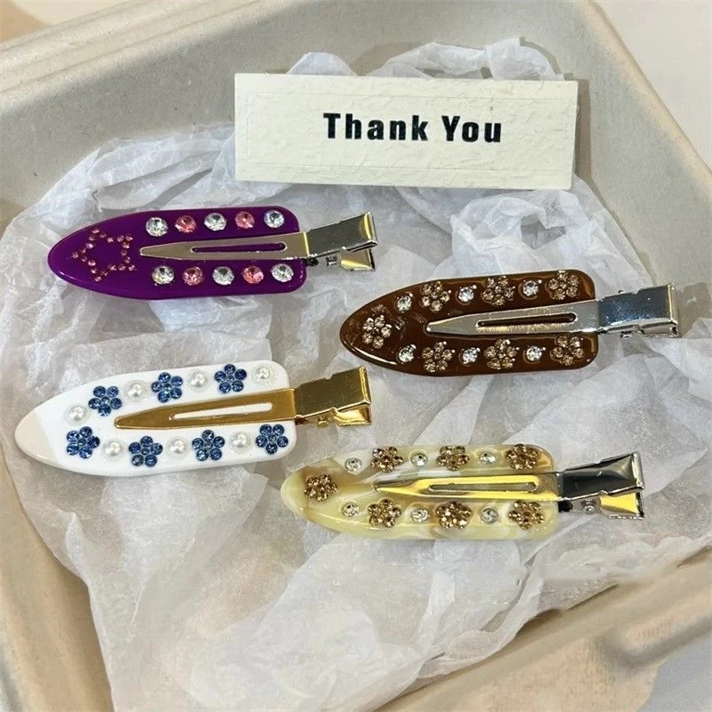 老钱风花朵贴钻侧边发夹无痕夹大理石纹秋冬精致复古醋酸鸭嘴夹