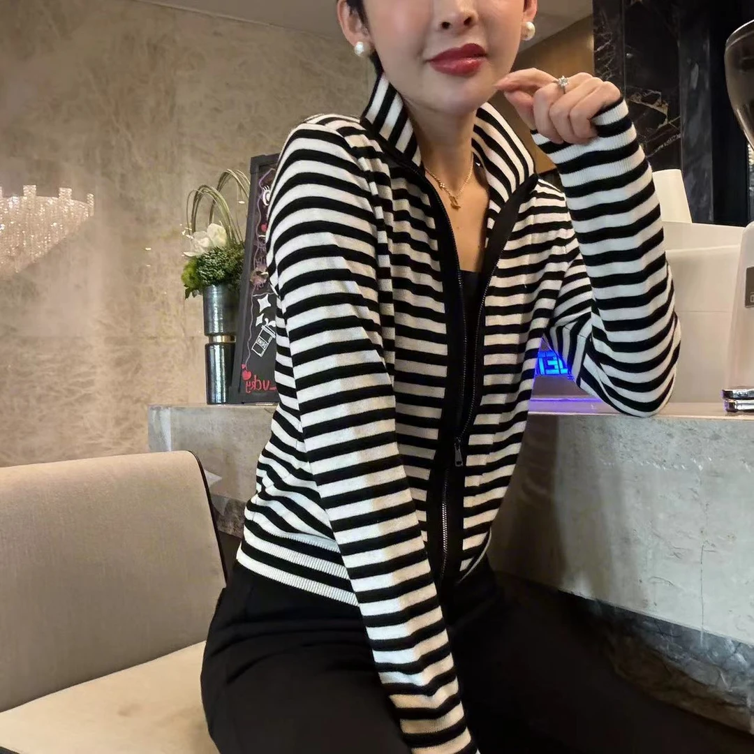 名港【经典条纹】MG7006显瘦时尚韩版经典条纹双拉链绵羊毛针织衫