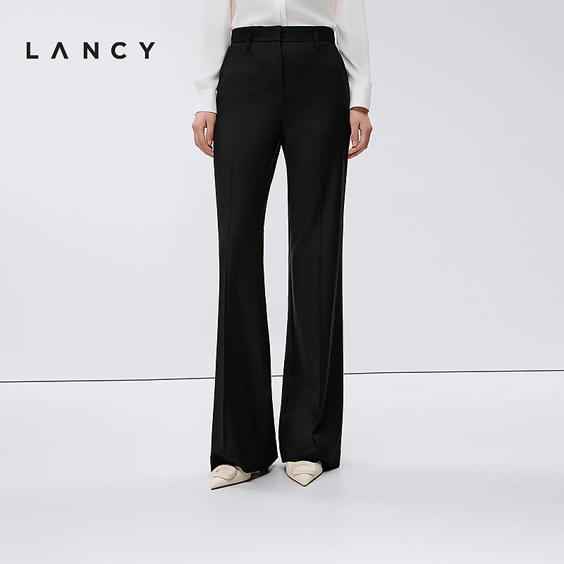 LANCY/朗姿2025年春新款高级气质羊毛直筒裤女黑色高腰休闲西装裤