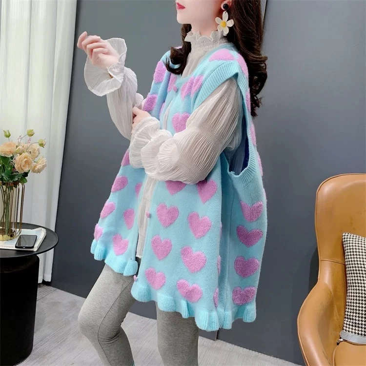 百搭套头外穿纽扣马甲秋冬马夹韩版宽松中长款爱心