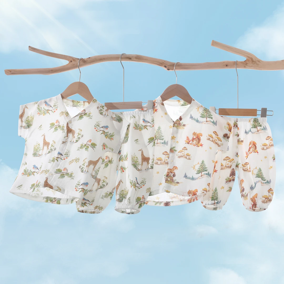 婴儿衣服男宝宝七分裤睡衣夏天透气家居服薄款夏季竹棉短袖套装