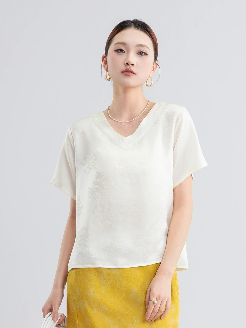 【100桑蚕丝】（夏岩）提花国风春夏上衣v领新中式短袖桑蚕丝上衣