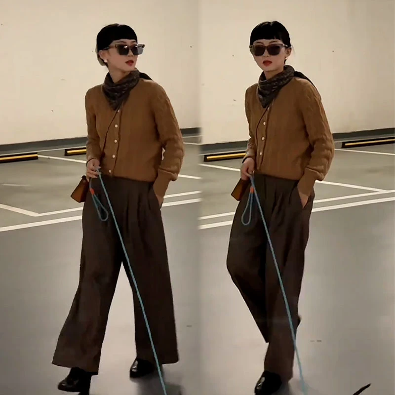 2025秋季新款设计感百搭气质减龄长袖开衫女搭配休闲阔腿裤两件套