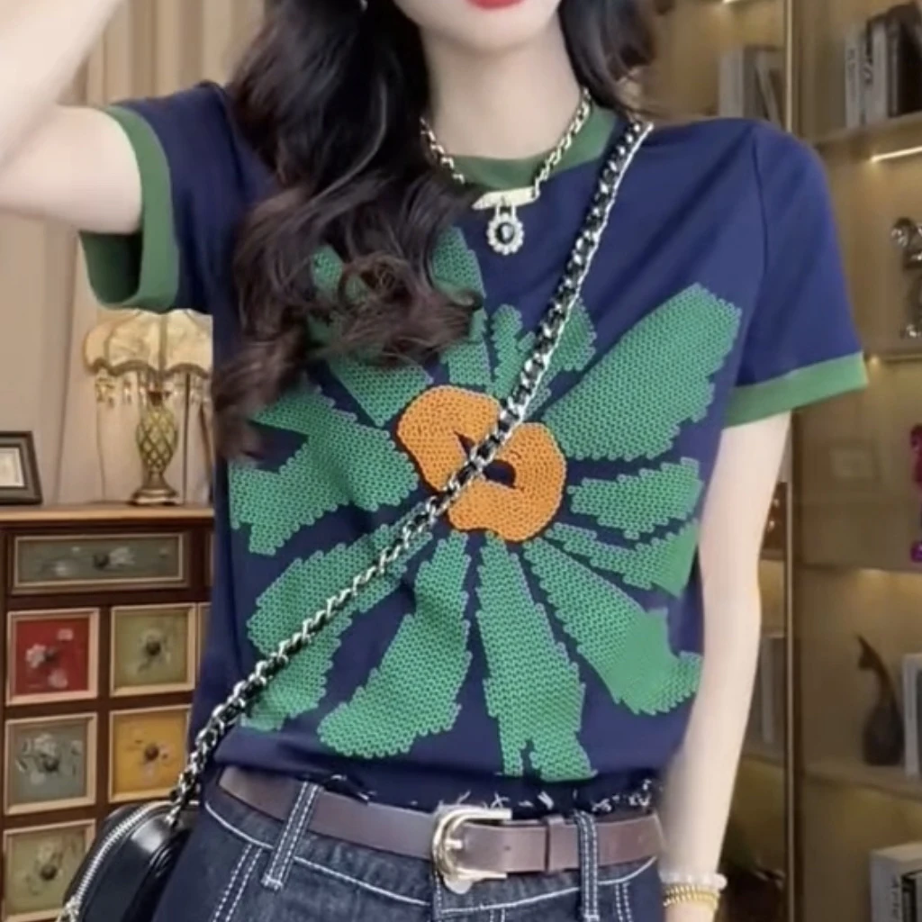 短袖发泡印花朵抗皱T恤百搭圆领显瘦洋气拼色小衫上衣女1137