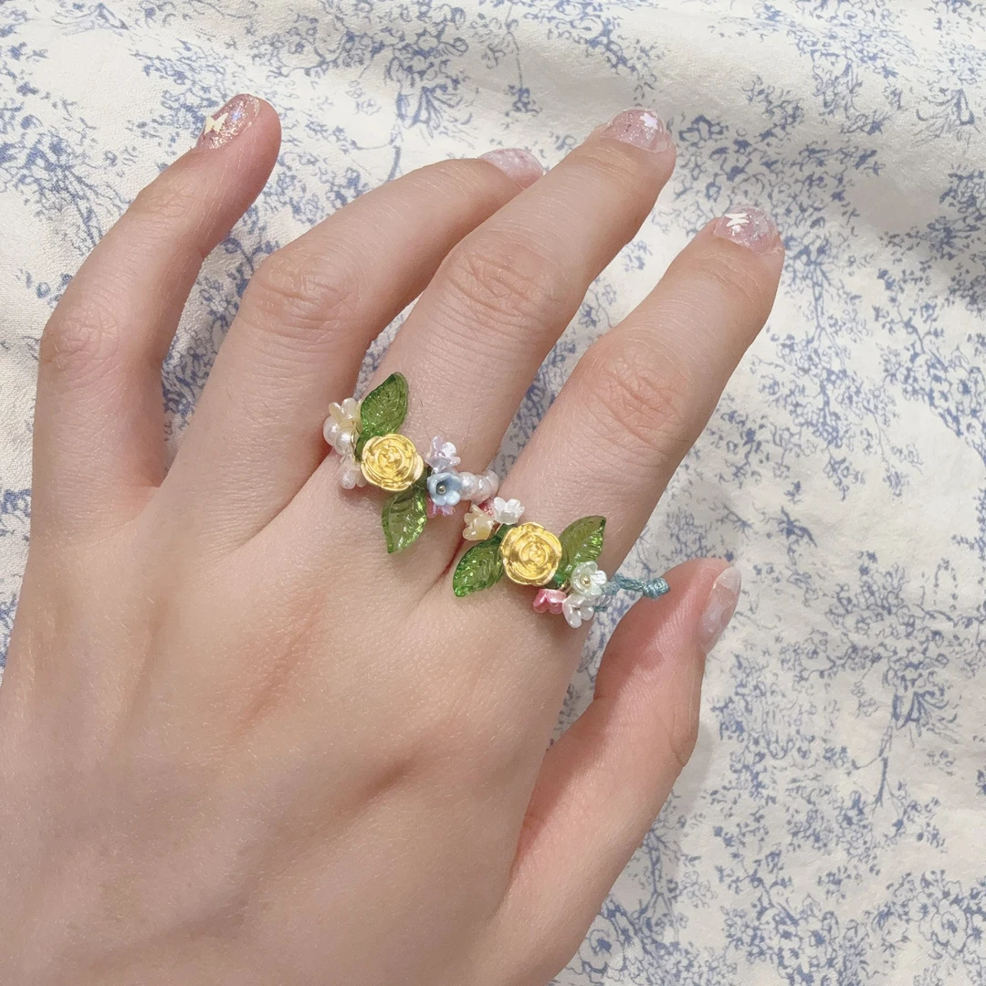 黄金玫瑰花戒999足金花朵编绳黄金戒指节日礼物送女友多样性发货