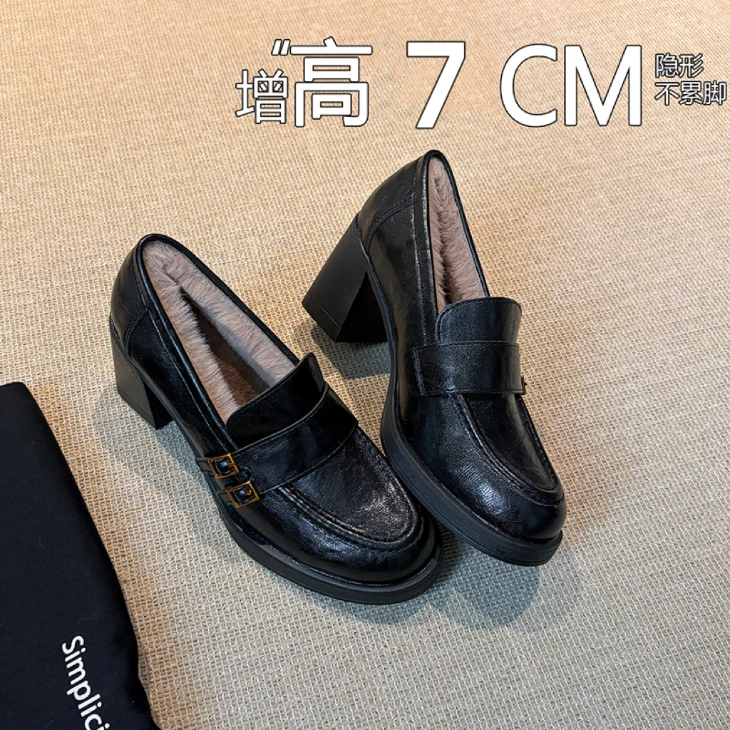 羊皮版~英伦风高跟乐福鞋女加绒复古通勤鞋静音粗跟保暖小皮鞋