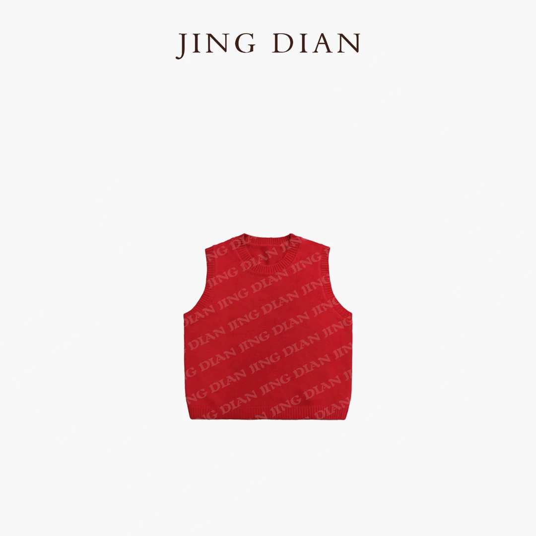 【JING DIAN】黑色红色极简全羊毛针织背心 休闲无袖时尚经典圆领秋