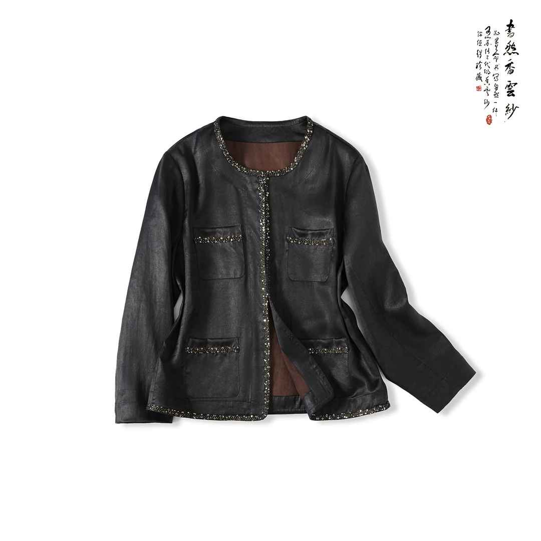 【小香外套】S24002  香云纱重磅古法素平缎小香风文艺圆领长袖外套