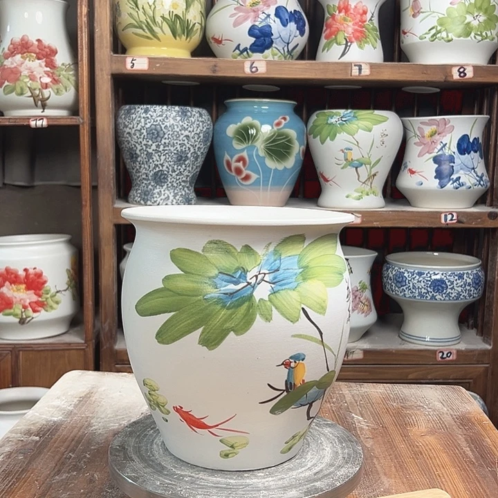 陶瓷圆口荷花鸟新款新款陶瓷陶瓷