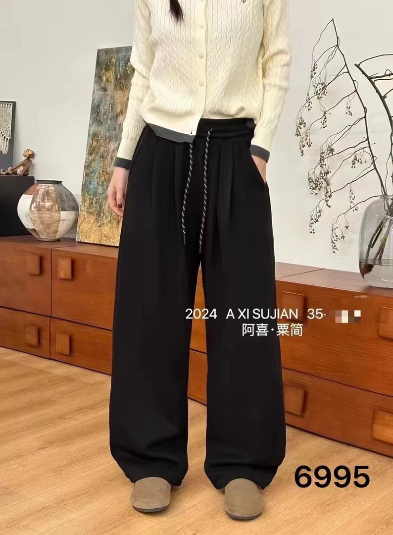 休闲裤长裤口袋阔腿裤秋冬高腰绒裤网红针织加绒卫裤女装
