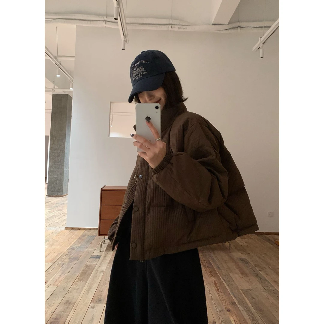 Y1380#格子短款两面穿羽绒服宽松立领拉链款90白鸭绒羽绒服（189g