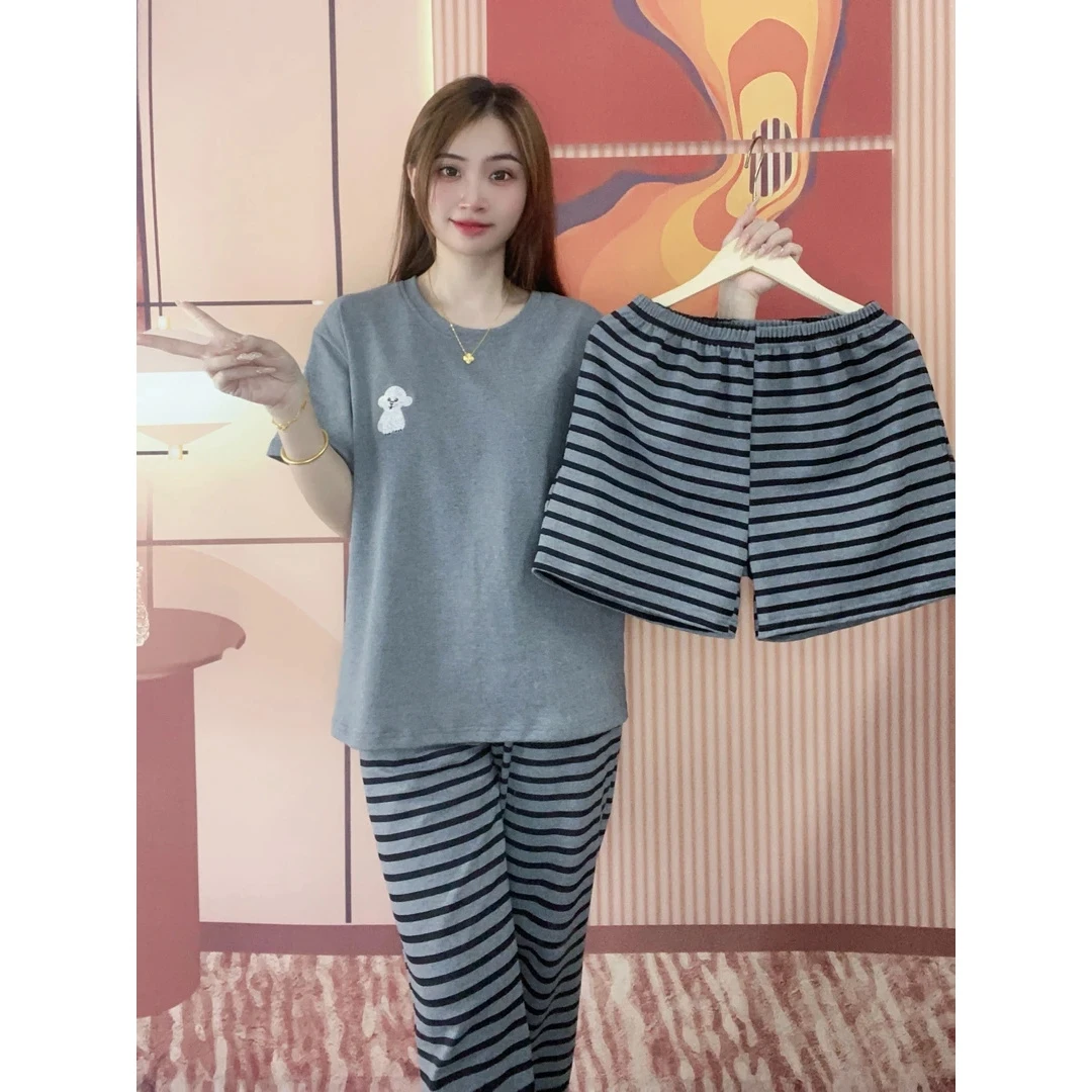 （拍一发三）夏季睡衣女棉质短袖带胸垫圆领宽松可外穿家居服套装