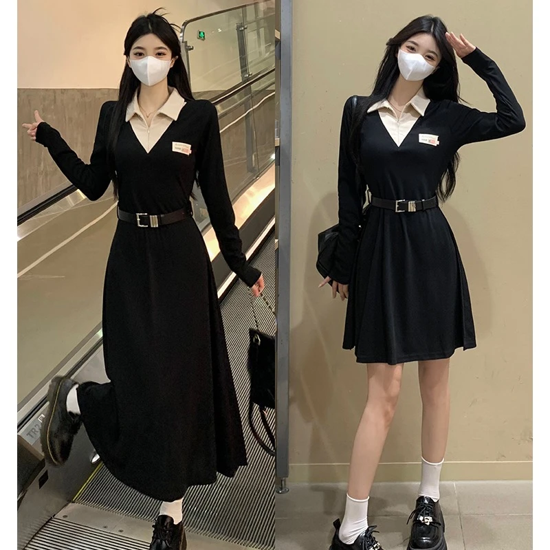 （芸品专属）POLO领黑色韩剧女主收腰显瘦长袖连衣裙1373（送腰带）