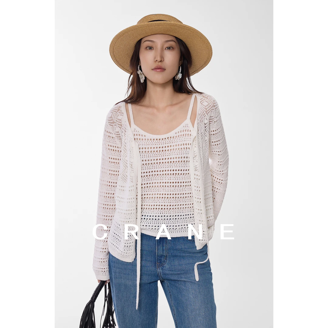 【CRANE】25早秋法式浪漫镂空白色针织开衫吊带套装时尚韩版女装