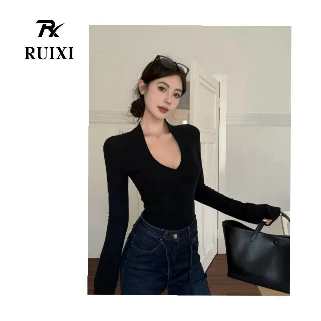 美式辣妹V领打底衫女装2025秋季新款纯欲风紧身显瘦内搭长袖上衣