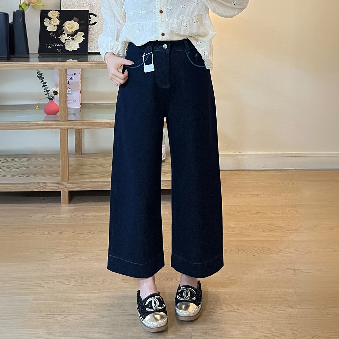 深蓝色阔腿牛仔裤女微胖MM大码宽松高腰显瘦小个子弹力百搭直筒裤