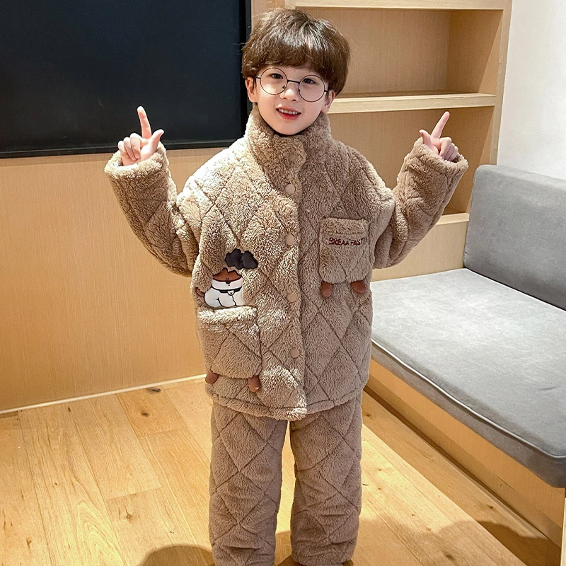 儿童睡衣冬款保暖加厚三层夹棉珊瑚绒儿童2024新款可爱男童家居服