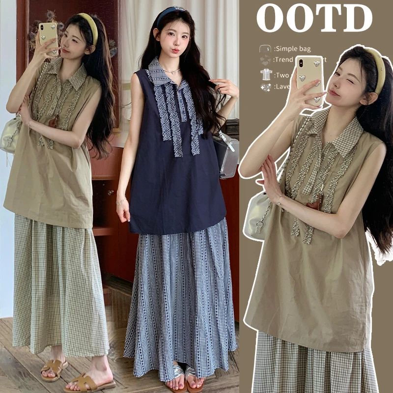 孕妇装温柔韩版polo领无袖衬衫套装女夏新款显瘦格子半身裙两件套