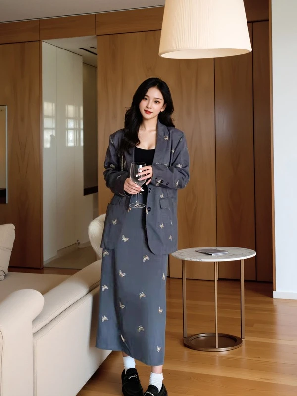 YH-66625大码女装胖mm气质西装外套半身裙高级感套装春秋新款