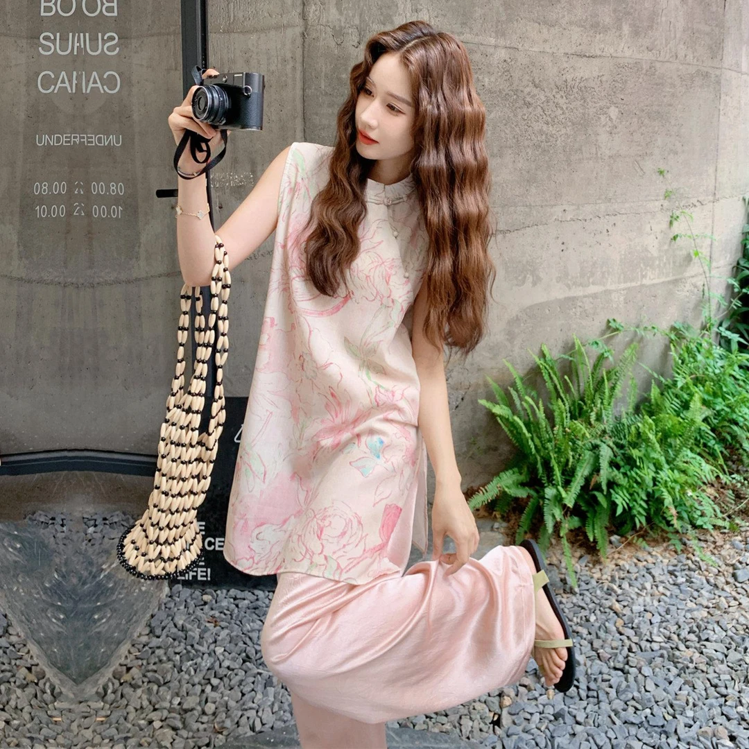 粉色国风新中式甜美减龄气质显瘦上衣套装女夏新款宽松长裤两件套