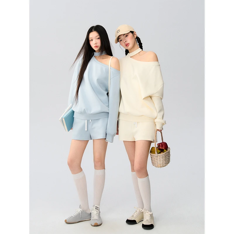【年中福利】LLDC简约斜肩卫衣直筒宽松短裤套装LAXD00782