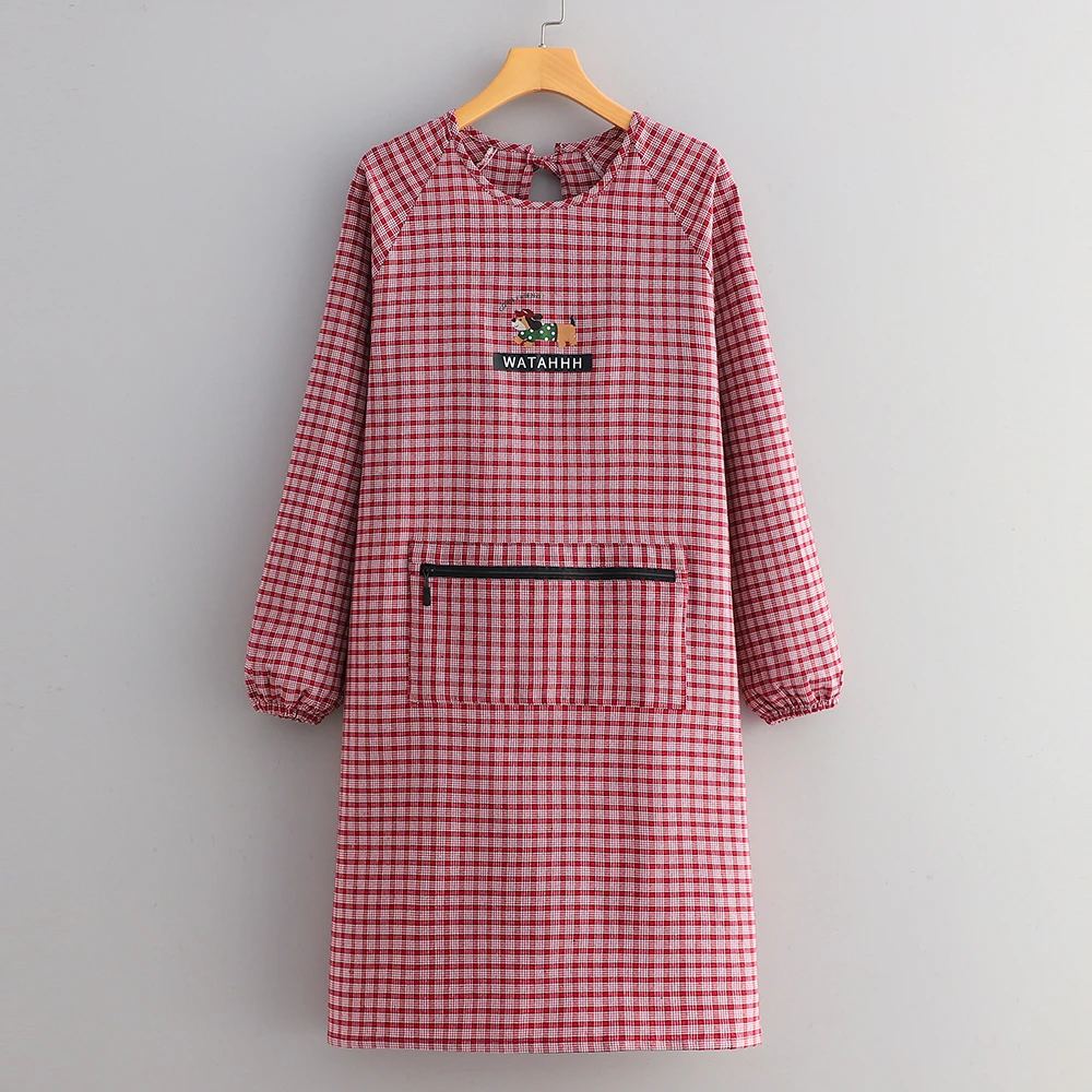 棉布格长袖罩衣女防污耐脏围裙厨房家用成人透气餐饮工作服耐脏