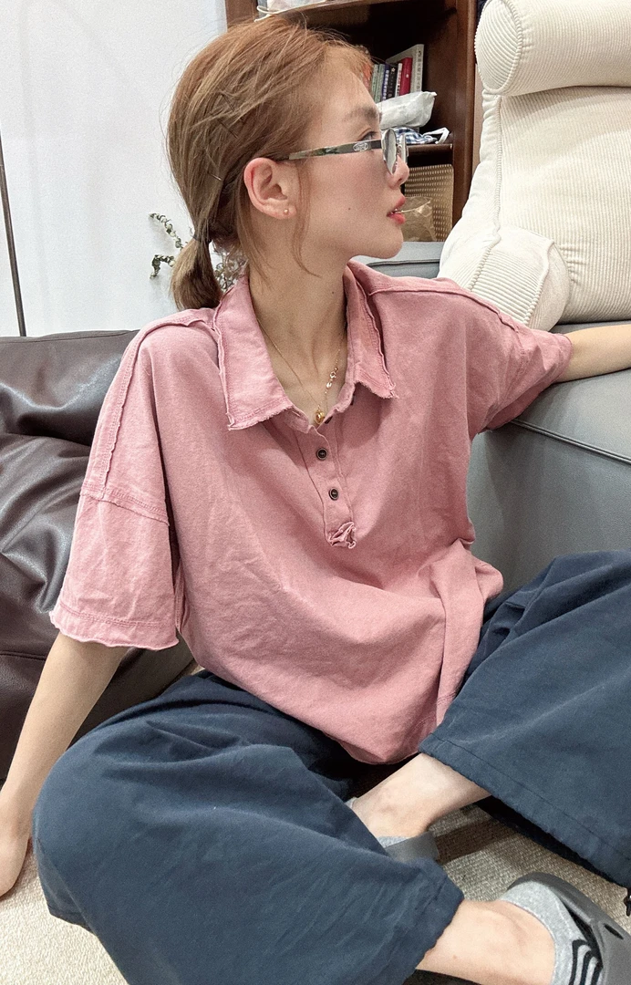 2025夏季新品大版百搭宽松休闲翻领套头棉T恤夏装纯色半袖时尚女