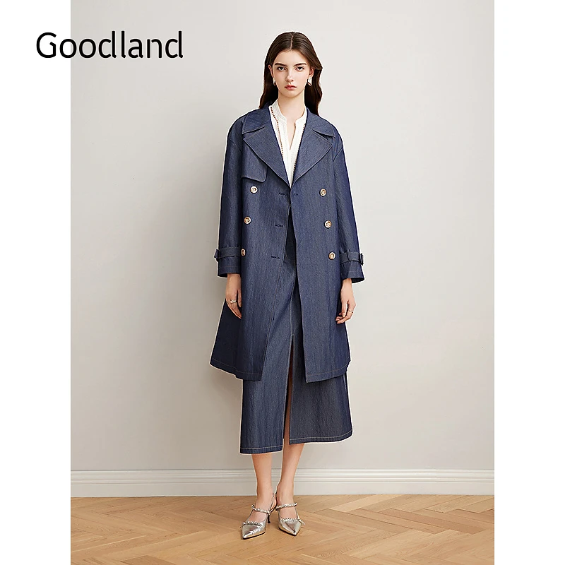 Goodland美地2025春季新款设计感廓形长款仿牛仔面料大翻领风衣