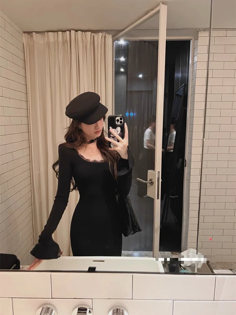 v领蕾丝连衣裙长袖修身包臀鱼尾裙气质显身材