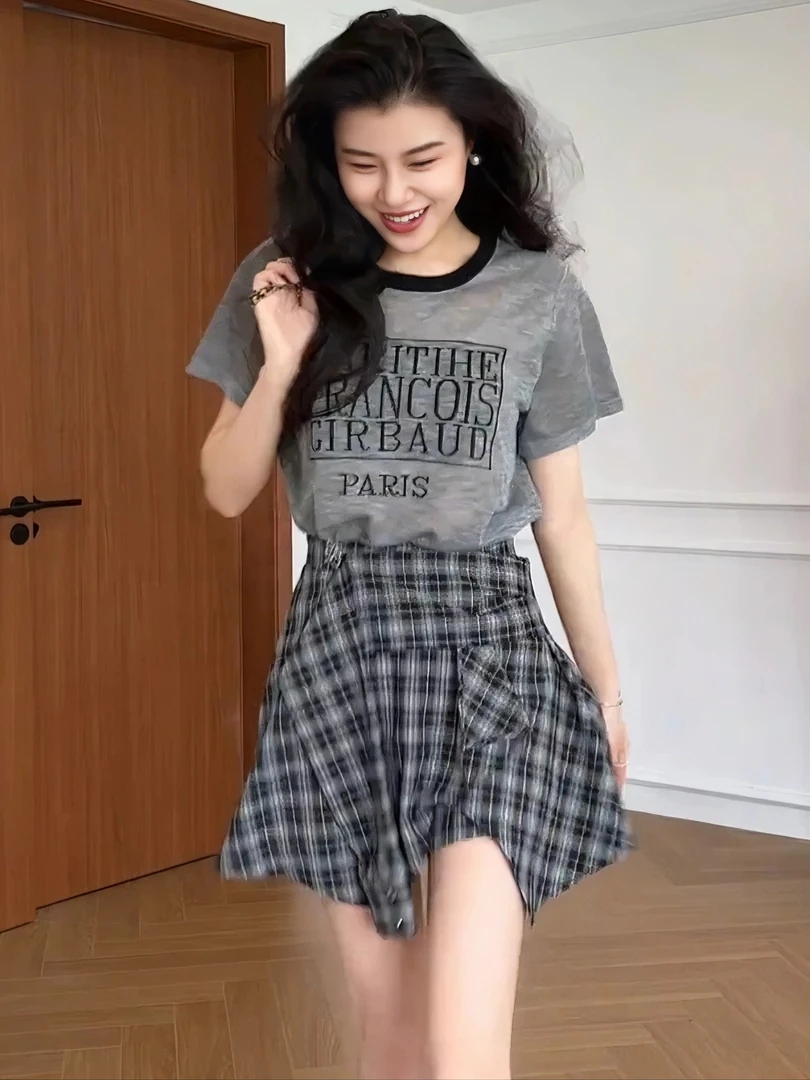 美式复古格子拼接短袖T恤女夏季新款设计感小众假两件半身裙套装