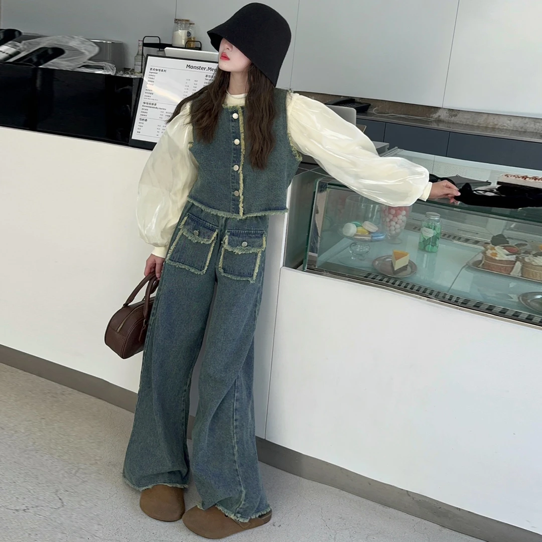 女童牛仔裤套装春季2025新款中大童春秋韩版洋气马甲宽松阔腿裤子