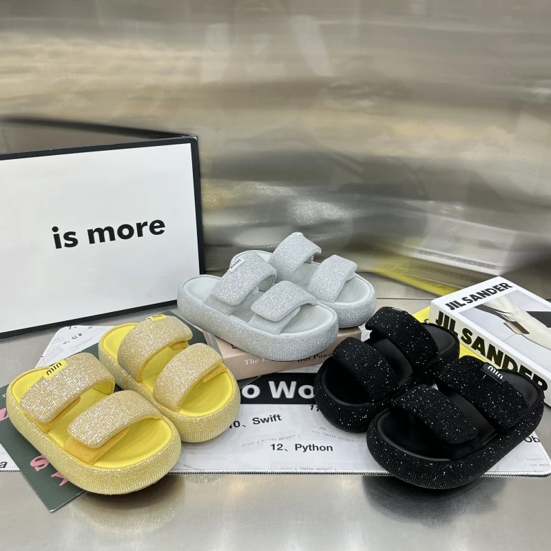 厚底满钻拖鞋女外穿2025新款魔术贴粘带一字拖鞋百搭亮钻面包拖鞋