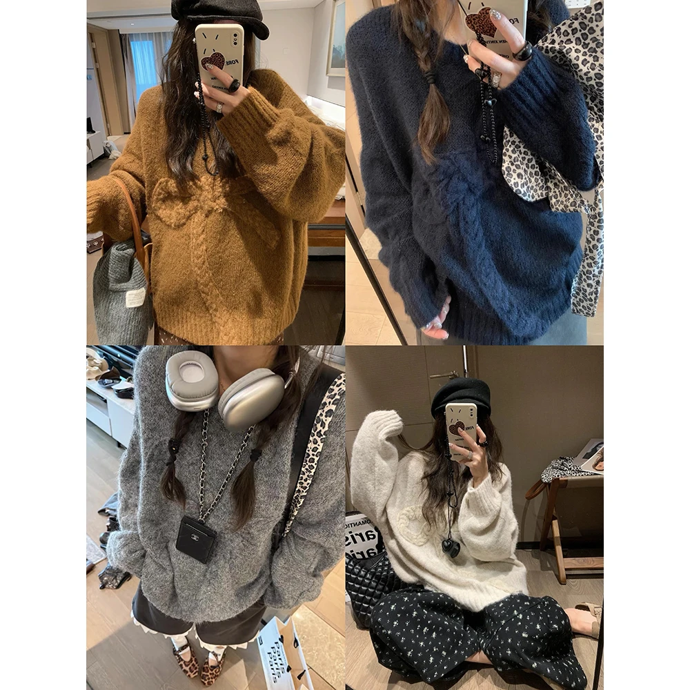 蝴蝶结毛衣女针织衫秋冬宽松慵懒圆领套头加厚上衣 60992