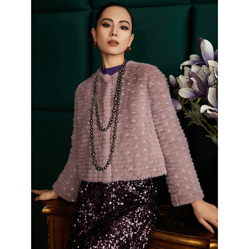 【臻于细节】水貂皮草外套女短款车条圆领大衣2025年新款S23037