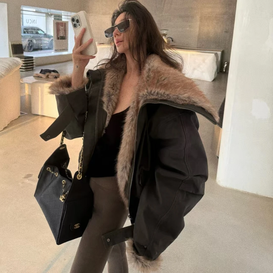 XYSF极简   新款冬季大翻领毛毛拼接重工宽松棉服外套