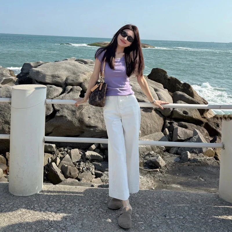 白色弹力九分烟管牛仔裤女夏季新款高腰时尚显瘦百搭设计感直筒裤